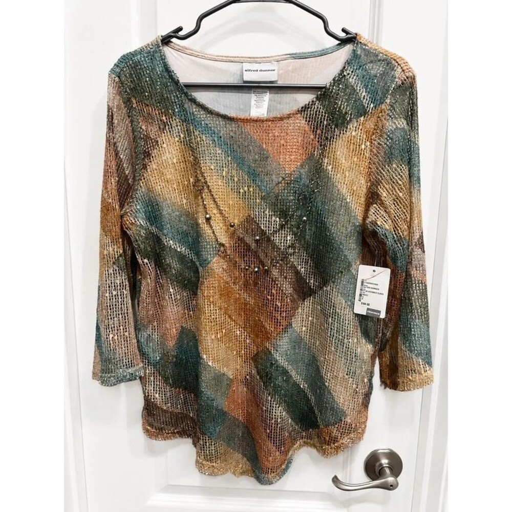 Alfred Dunner Multicolor Open Knit Mesh Tunic Top 3/4 Sleeve Beaded Detail